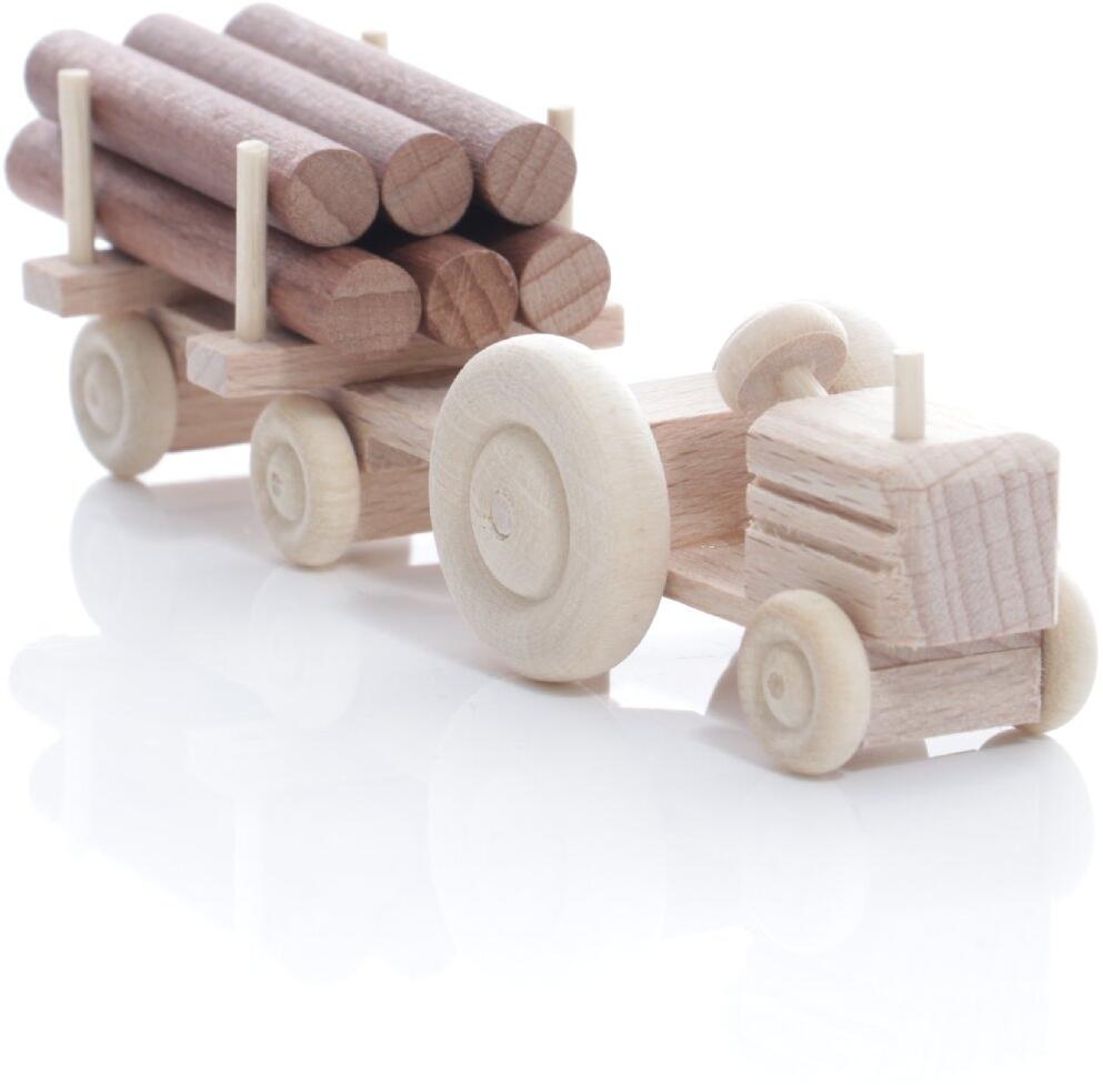 Rudolphs Schatzkiste Holzspielzeug - Miniaturfahrzeug Traktor mit Rundholz auf dem Anhänger Natur - HxBxT 3,5x7,5x3cm