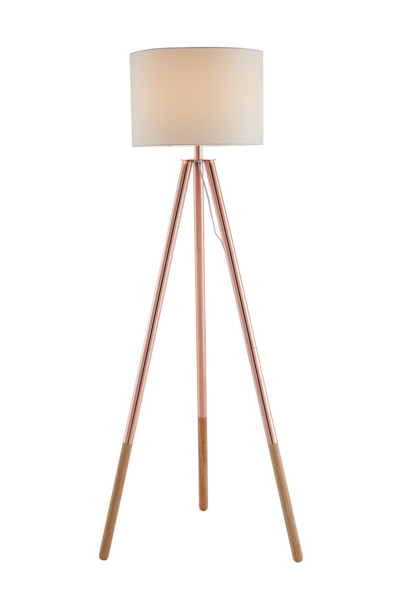 Salesfever Stilvolle Kupfer / Eiche Stehlampe Tripod Räumungsverkauf