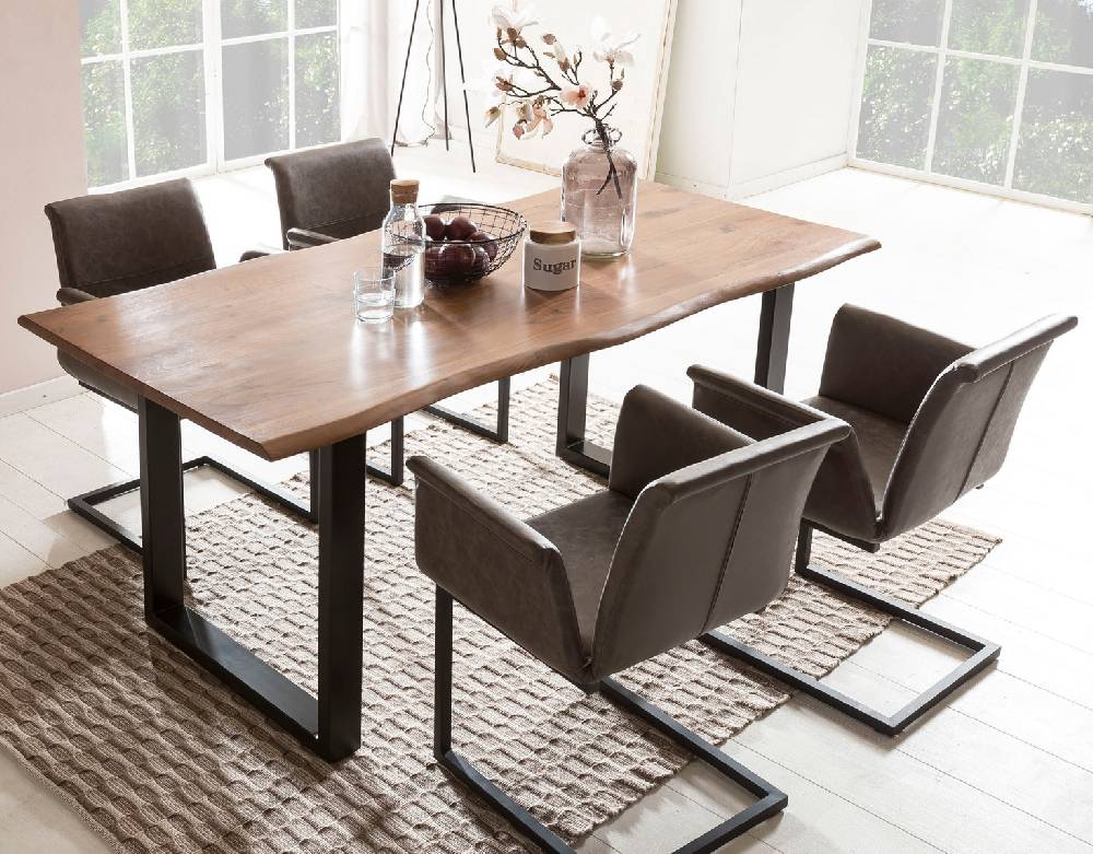 Salesfever Baumkantentisch Stühle dunkelbraun Essgruppe 160 cm massiv NUSSBAUM 5tlg GAIA