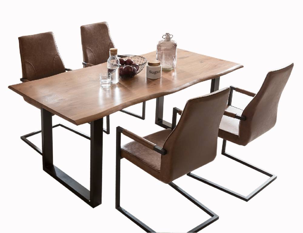Salesfever Baumkantentisch Stühle hellbraun 160 cm massiv NUSSBAUM 5tlg GIADA