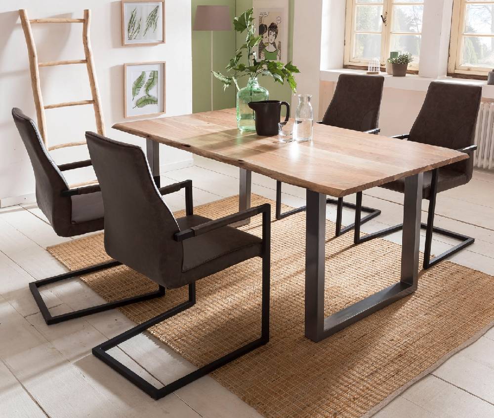Salesfever Baumkantentisch Stühle dunkelbraun 160 cm massiv NATUR 5tlg GIADA Schlussverkauf