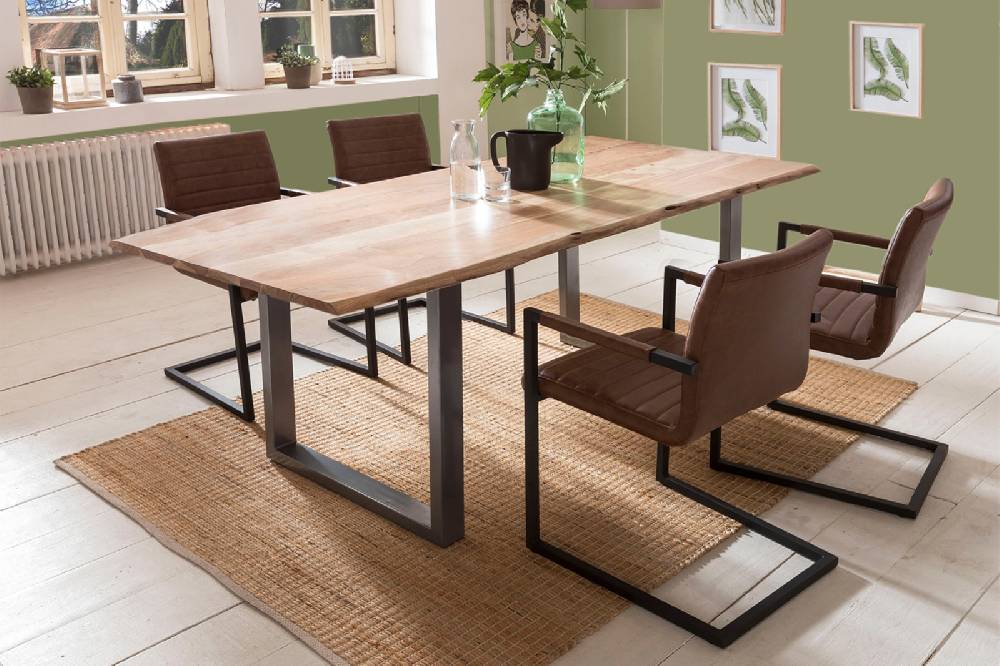 Salesfever Baumkantentisch Stühle hellbraun 180 cm massiv NATUR 5tlg ALESSIA