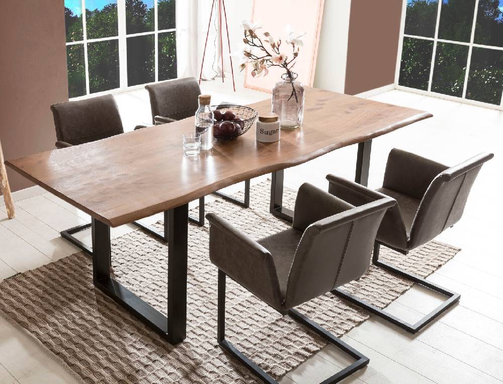 Salesfever Baumkantentisch Stühle dunkelbraun Essgruppe 200 cm massiv NUSSBAUM 5tlg GAIA