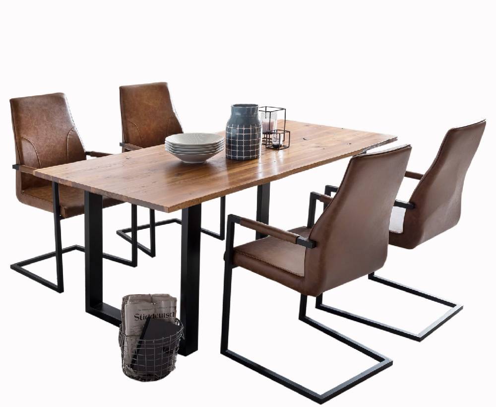 Salesfever Baumkantentisch Stühle hellbraun 200 cm massiv COGNAC 5tlg GIADA Osterangebot