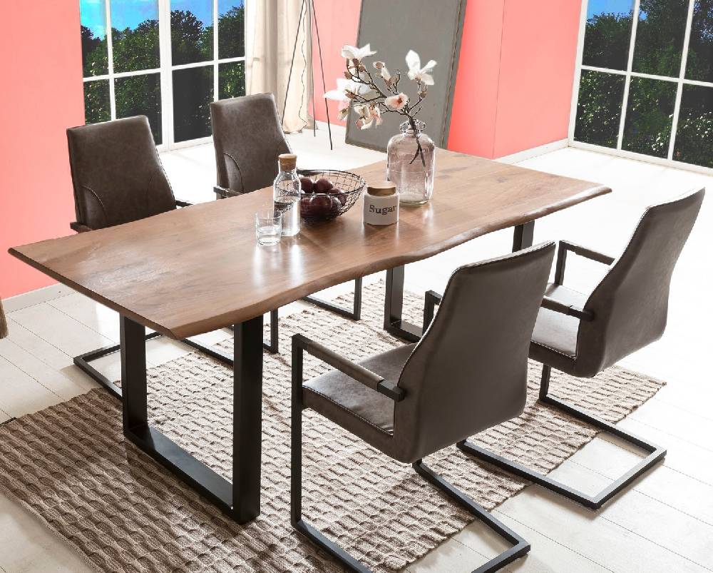 Salesfever Baumkantentisch Stühle dunkelbraun 200 cm massiv NUSSBAUM 5tlg GIADA