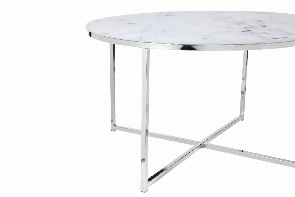 Salesfever Couchtisch Weiß & Chrom Ø 80 cm Marmoroptik Daisy Kostenloser Versand international