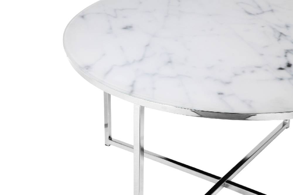 Salesfever Couchtisch Weiß & Chrom Ø 80 cm Marmoroptik Daisy Kostenloser Versand international