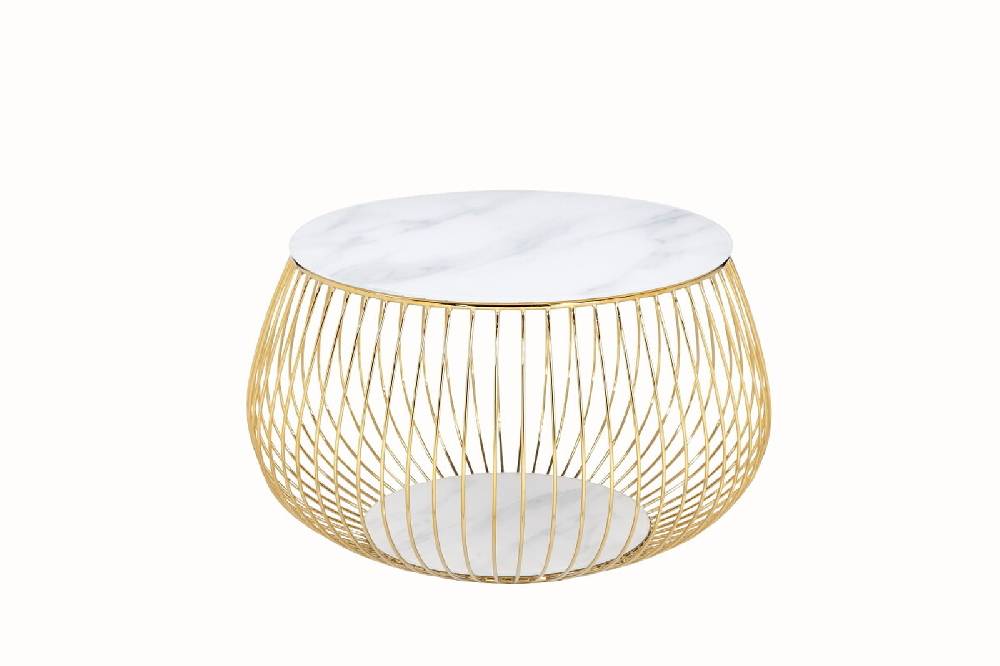 Salesfever Couchtisch Weiß & Gold mit Metallkorb Ø 72 cm Marmoroptik Viola