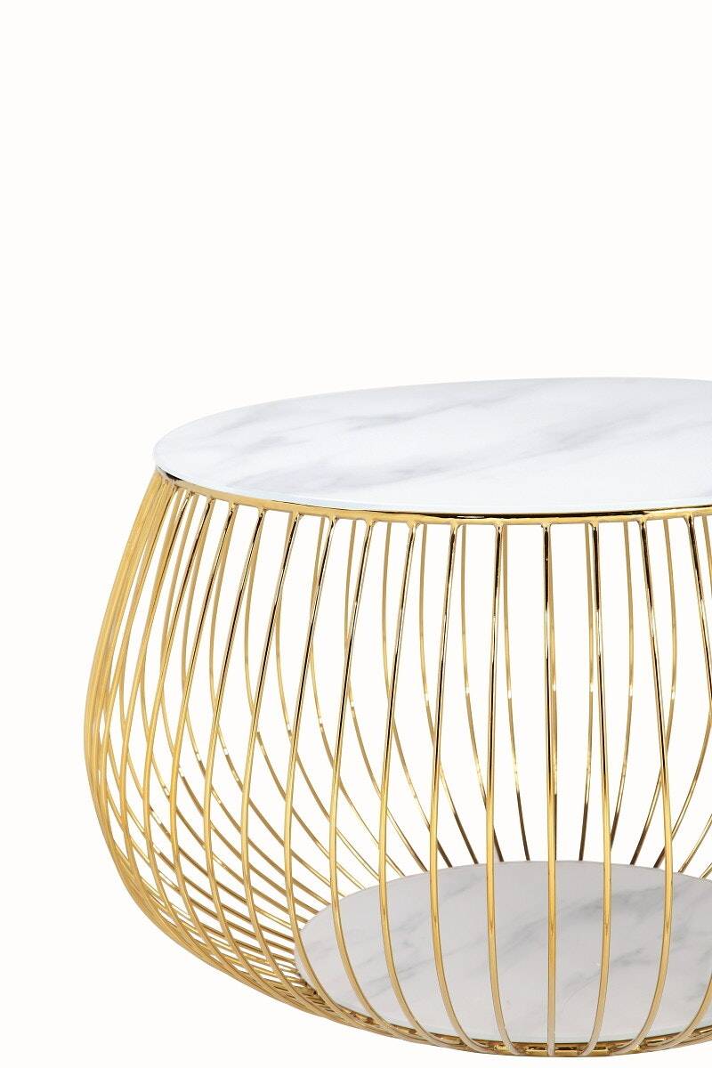 Salesfever Couchtisch Weiß & Gold mit Metallkorb Ø 72 cm Marmoroptik Viola Neuheiten
