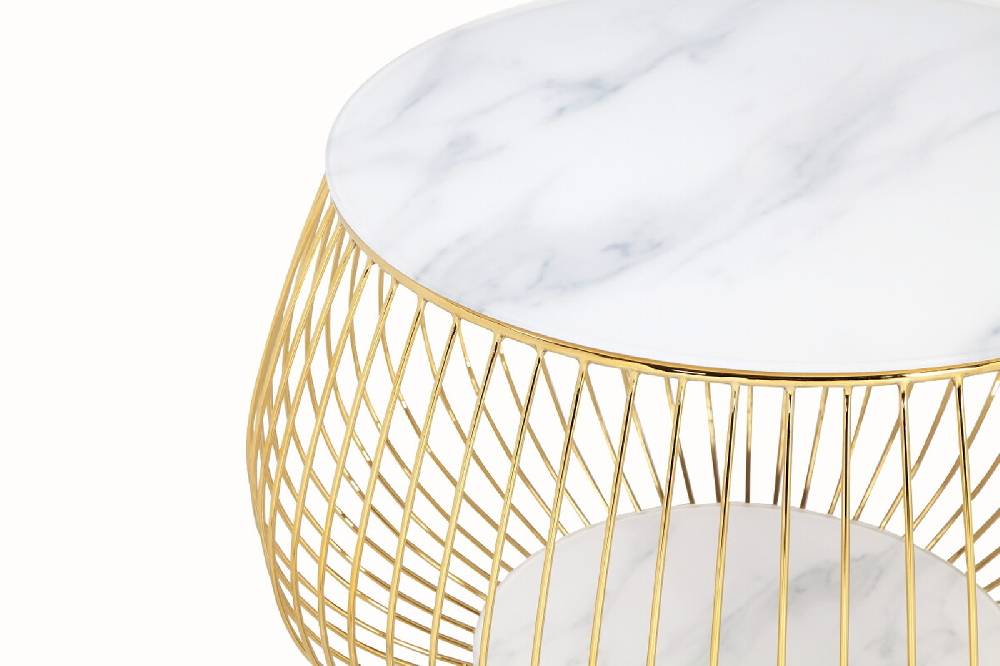 Salesfever Couchtisch Weiß & Gold mit Metallkorb Ø 72 cm Marmoroptik Viola Neuheiten