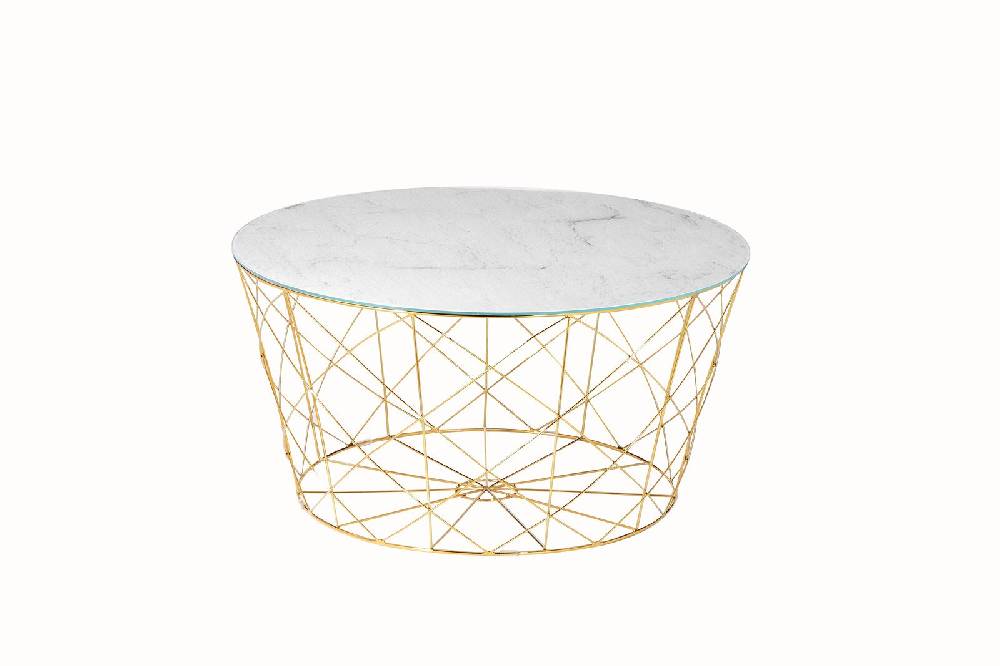 Salesfever Couchtisch Weiß, Gold mit Metallkorb Ø 80 cm Noa Super Sparpreis
