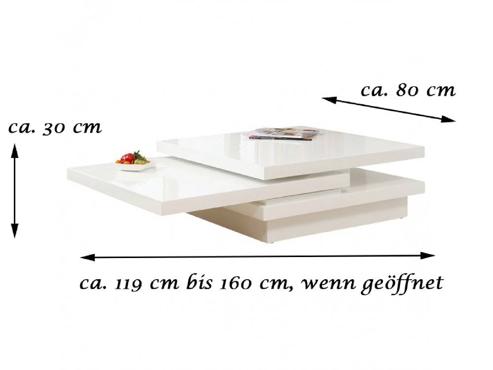 Salesfever Couchtisch weiß hochglanz 360° 119 - 160 cm Wohnzimmertisch GIACO Vierteljährliche Förderung