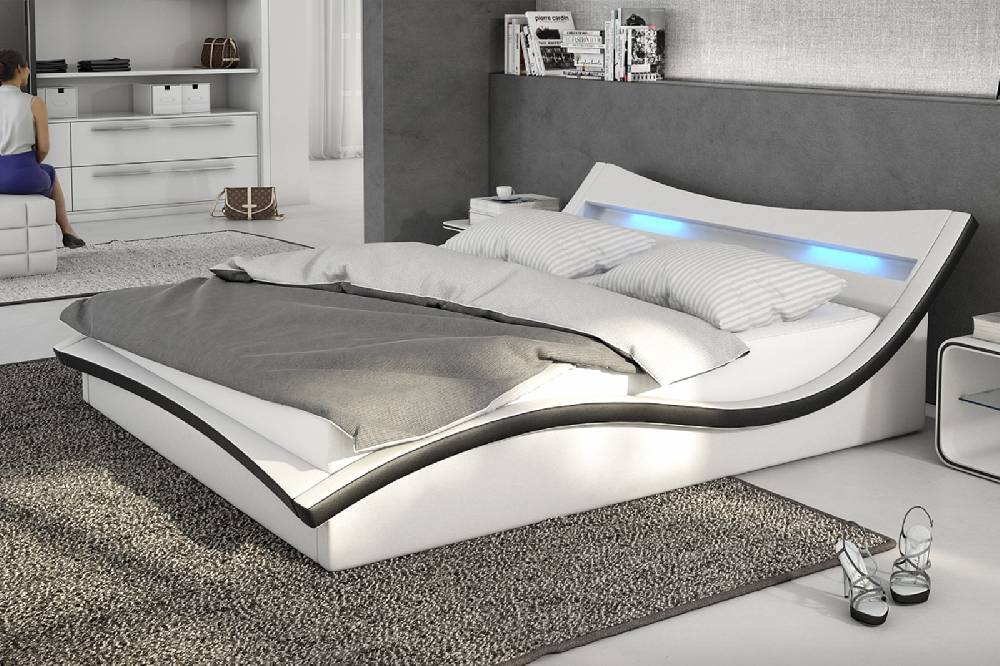 Salesfever Polsterbett 140x200 cm weiß schwarz Doppelbett LED Beleuchtung MAGARI Sonderangebot
