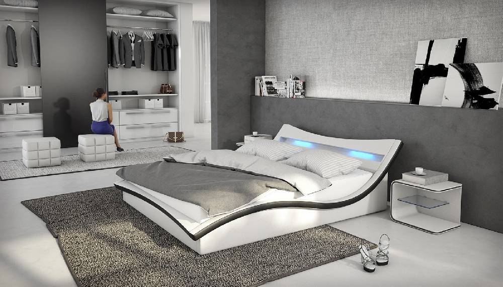 Salesfever Polsterbett 180x200 cm weiß schwarz Doppelbett LED Beleuchtung MAGARI Rabatt