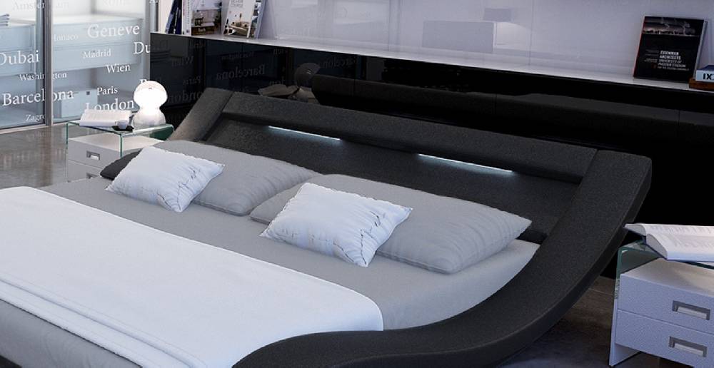 Salesfever Polsterbett 140x200 cm schwarz Doppelbett LED Beleuchtung LOOK Großer Ausverkauf