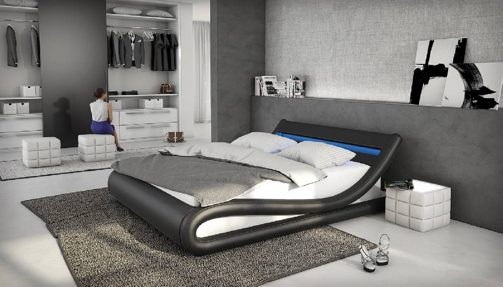 Salesfever Polsterbett 140x200 cm schwarz weiß Doppelbett LED Beleuchtung BELLUGIA Vatertagsangebot