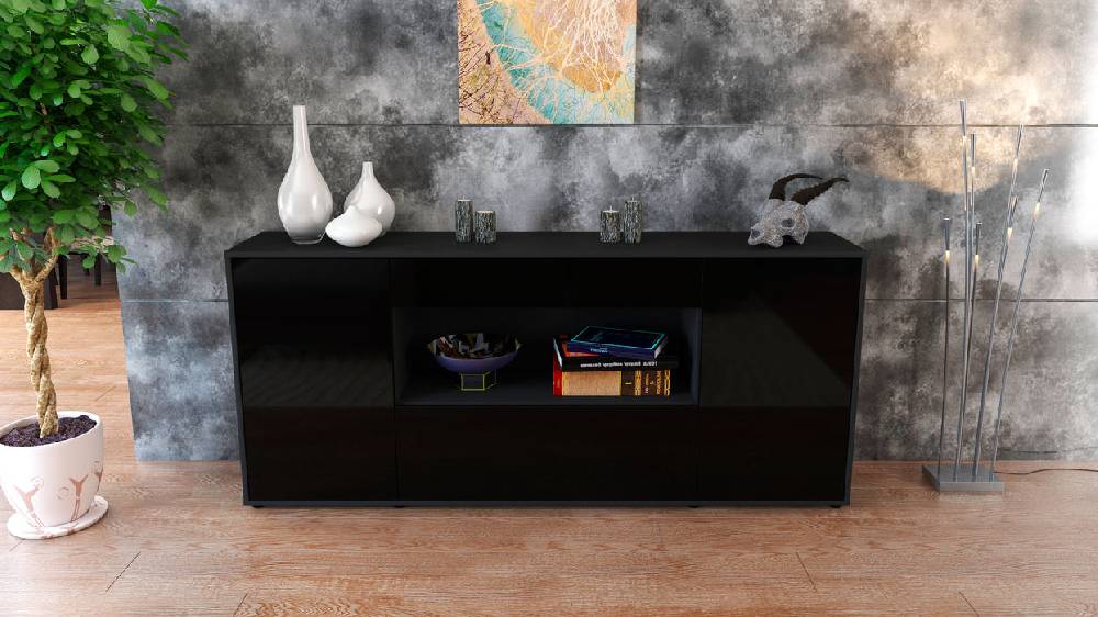 Stil Zeit Möbel Sideboard Fiora, Schwarz (180x79x35cm) Lagerräumung