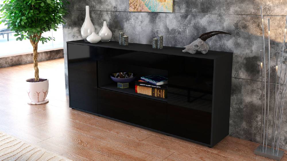 Stil Zeit Möbel Sideboard Fiora, Schwarz (180x79x35cm) Lagerräumung