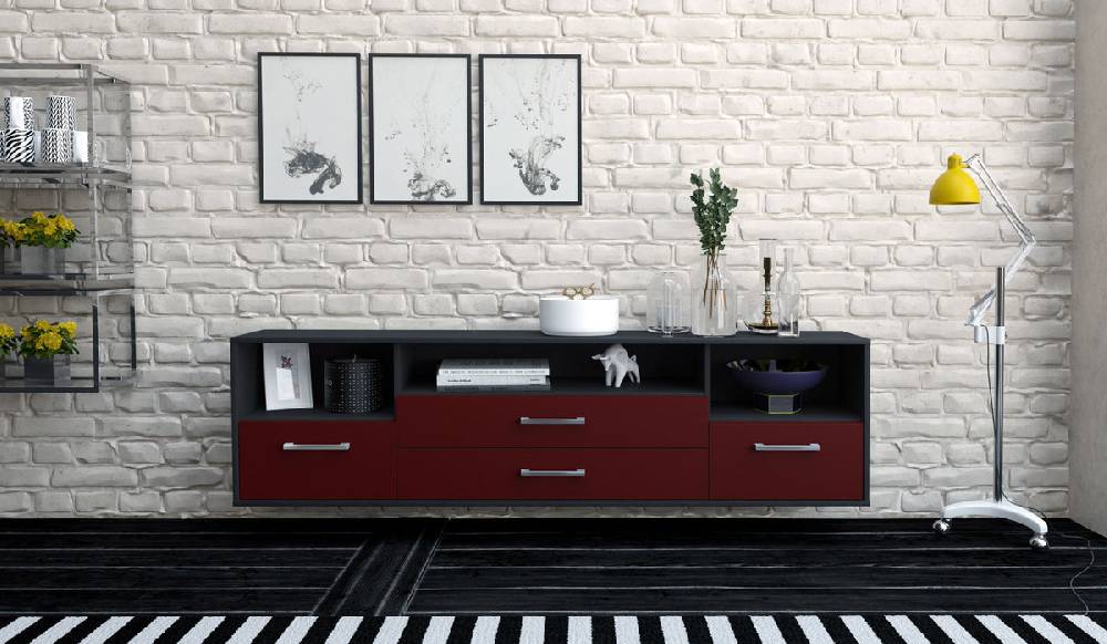 Stil Zeit Möbel Lowboard Henderson, Bordeaux mit Griffen (180x49x35cm) Lagerräumung
