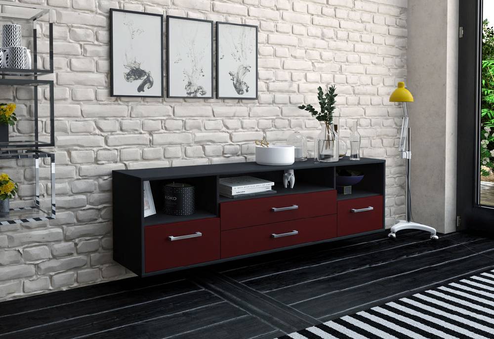 Stil Zeit Möbel Lowboard Henderson, Bordeaux mit Griffen (180x49x35cm) Lagerräumung