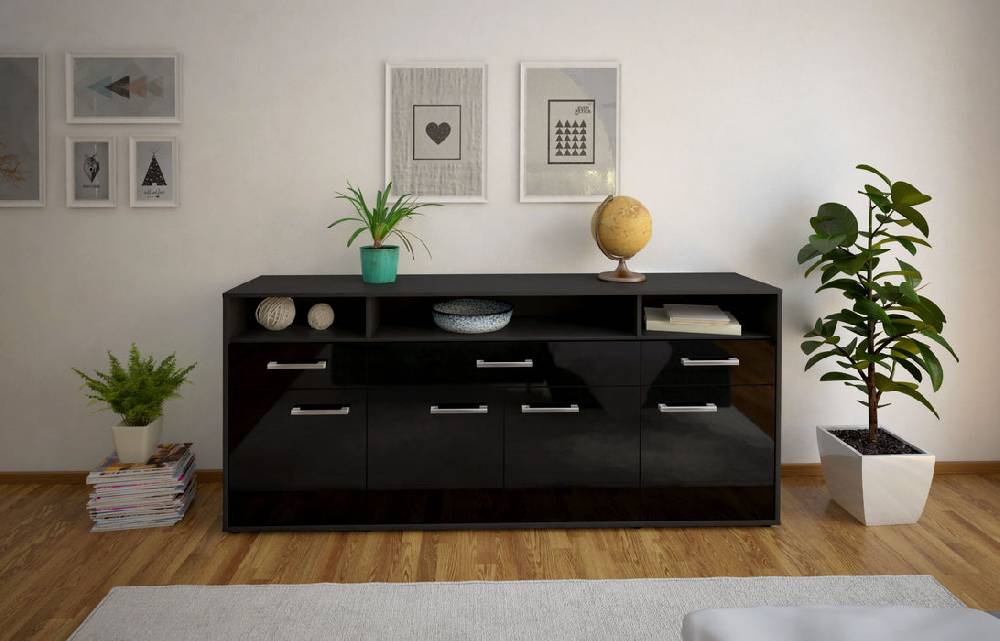 Stil Zeit Möbel Sideboard Ezia, Schwarz mit Griffen (180x79x35cm) Blitzangebot