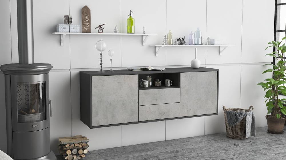 Stil Zeit Möbel Lowboard Tucson, Beton, hängend (136x49x35cm) Begrenzt auf 3 Tage