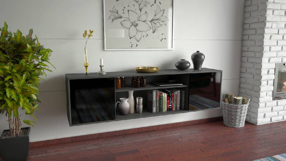 Stil Zeit Möbel Lowboard Newark, Schwarz, hängend (180x49x35cm) Online Outlet