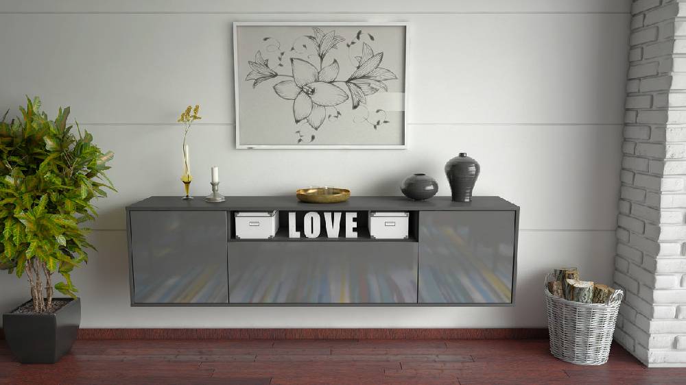 Stil Zeit Möbel Lowboard Pittsburgh, Grau, hängend (180x49x35cm) Blitzangebot