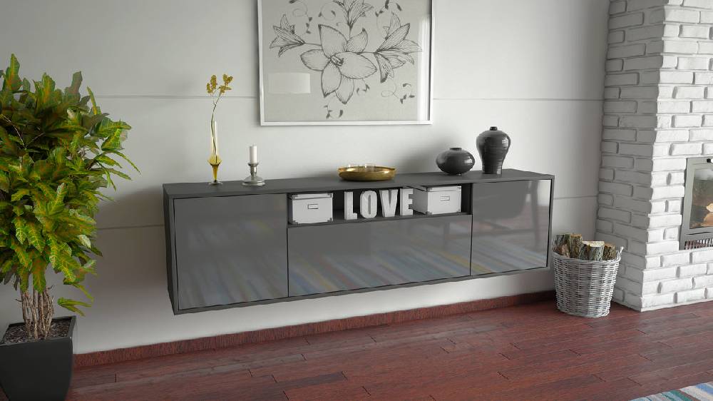 Stil Zeit Möbel Lowboard Pittsburgh, Grau, hängend (180x49x35cm) Blitzangebot