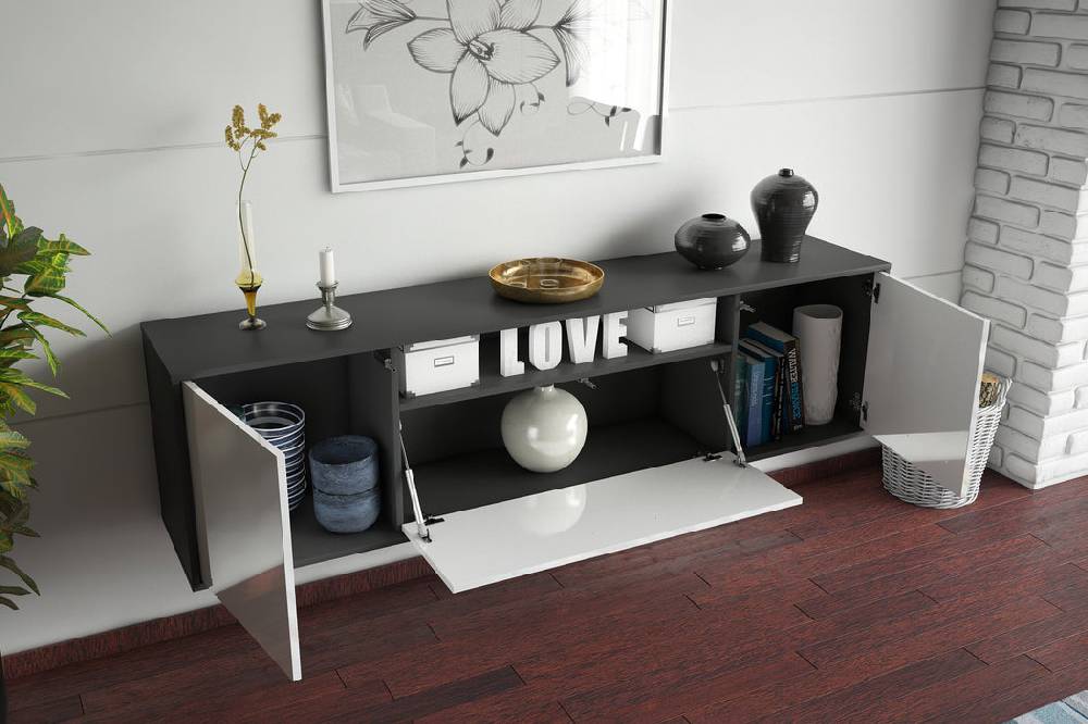 Stil Zeit Möbel Lowboard Pittsburgh, Grau, hängend (180x49x35cm) Blitzangebot