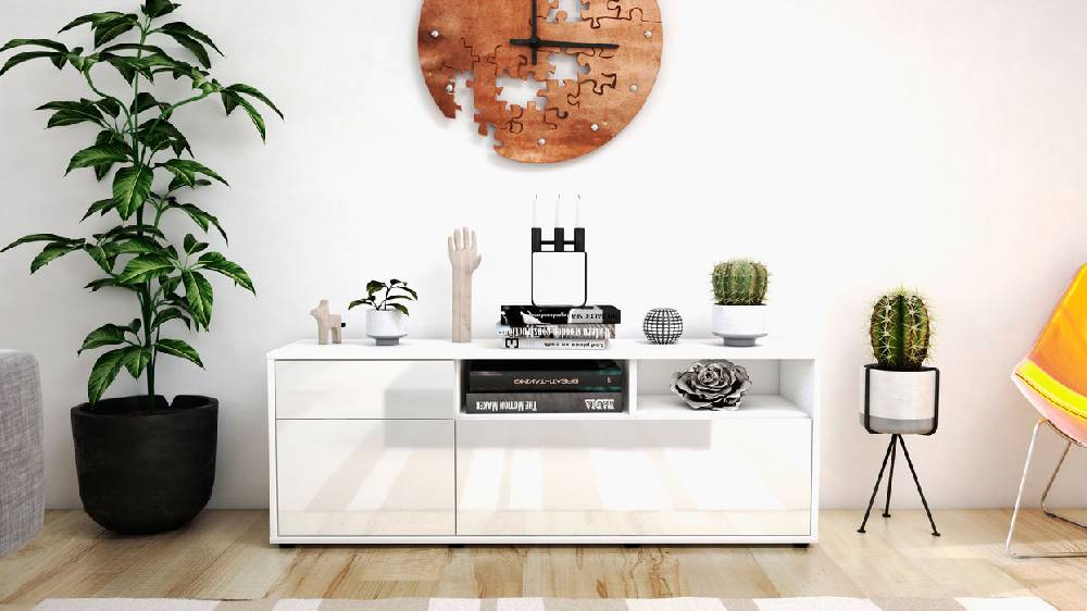 Stil Zeit Möbel Lowboard Amisa, Weiß (136x49x35cm) Begrenzt auf 3 Tage
