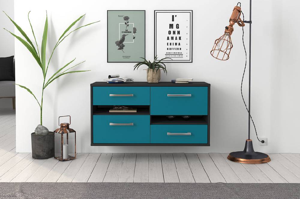 Stil Zeit Möbel Lowboard Boston, Tuerkis, hängend mit Griffen (92x49x35cm) Auslauf