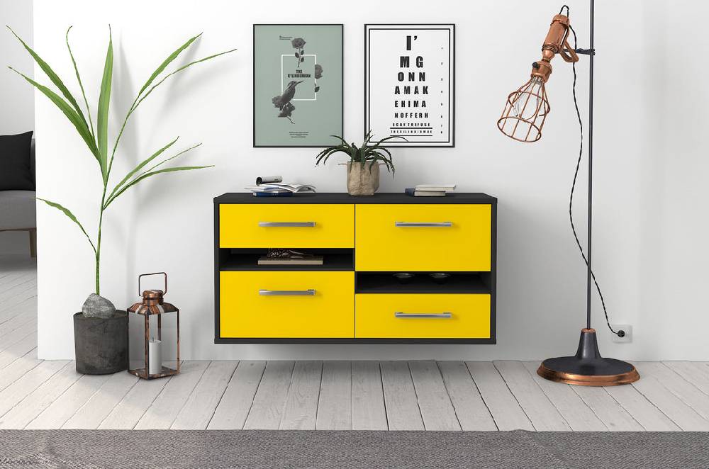 Stil Zeit Möbel Lowboard Boston, Gelb, hängend mit Griffen (92x49x35cm) Angebote