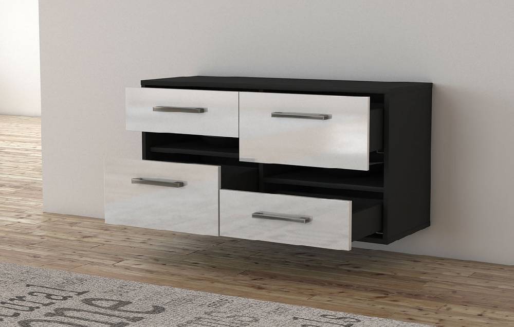 Stil Zeit Möbel Lowboard Boston, Schwarz, hängend mit Griffen (92x49x35cm) Fabrikverkauf