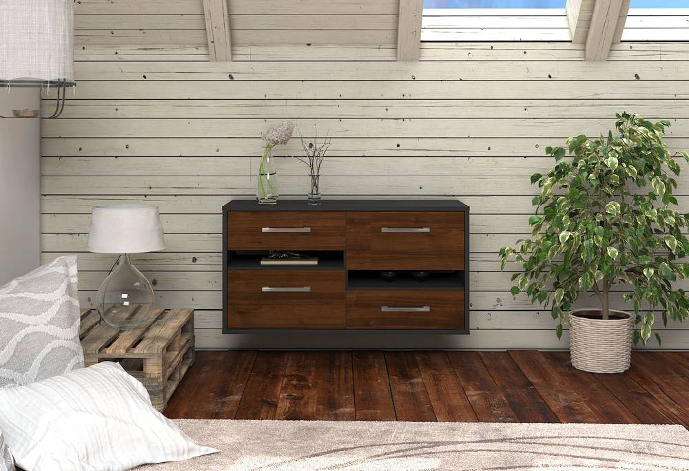 Stil Zeit Möbel Lowboard Boston, Walnuss, hängend mit Griffen (92x49x35cm) Fabrik Onlineshop