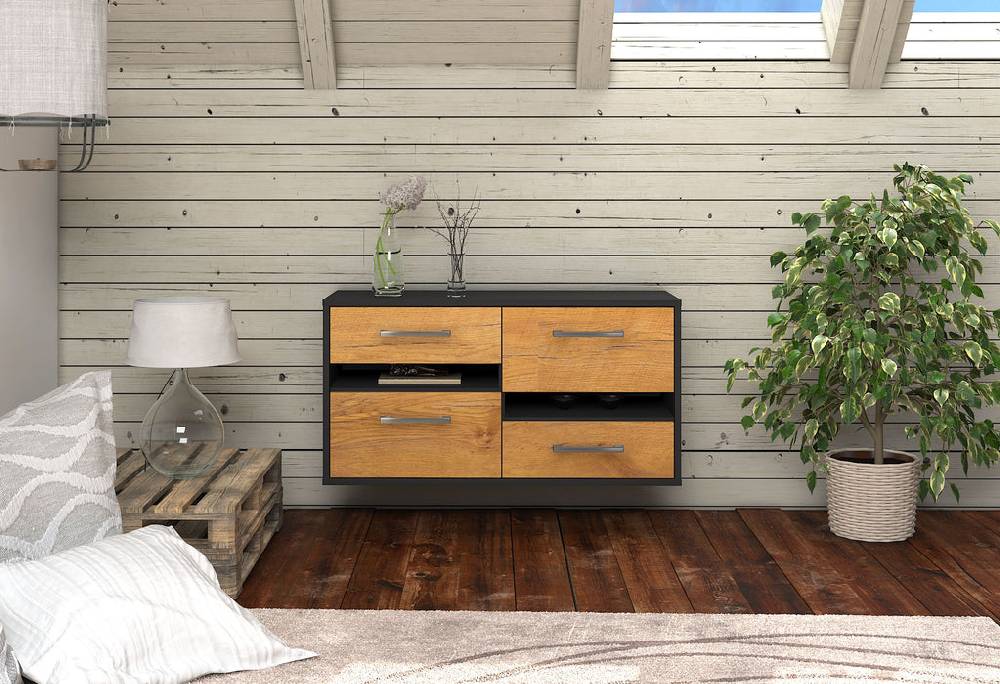 Stil Zeit Möbel Lowboard Boston, Eiche, hängend mit Griffen (92x49x35cm) Fabrikpreis