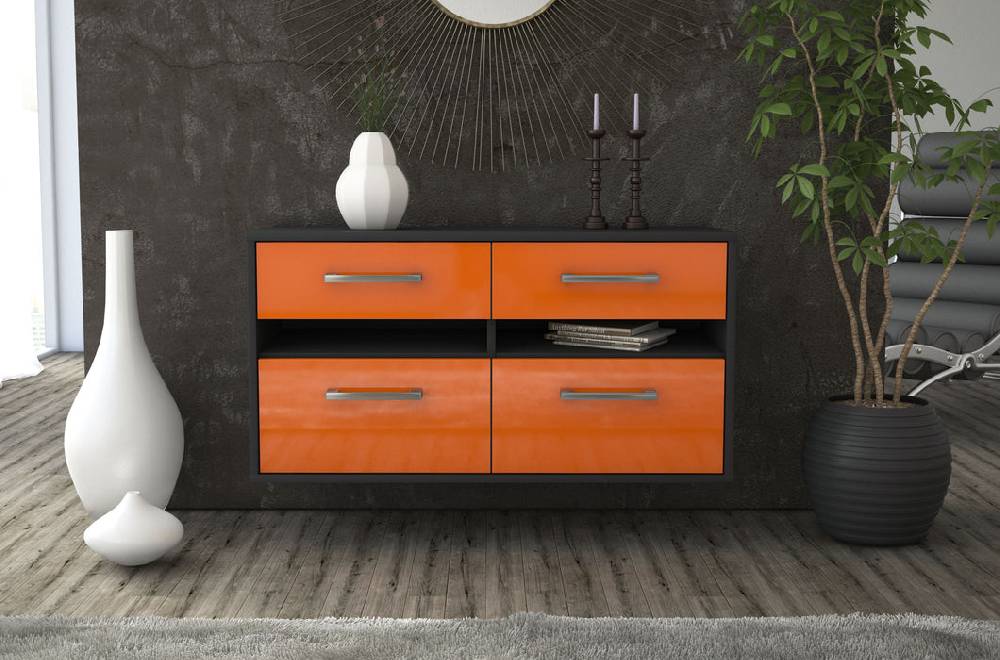 Stil Zeit Möbel Lowboard Milwaukee, Orange, hängend mit Griffen (92x49x35cm) Black Friday