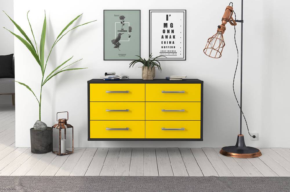Stil Zeit Möbel Lowboard Baltimore, Gelb, hängend mit Griffen (92x49x35cm) Wochenangebot