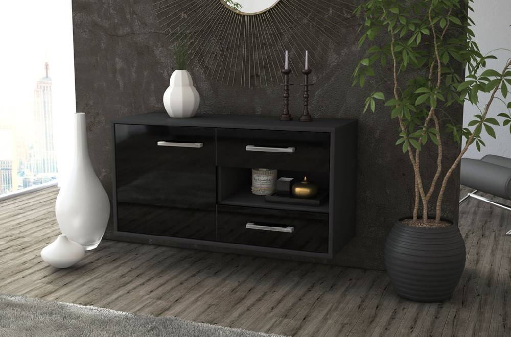 Stil Zeit Möbel Lowboard Charlotte, Schwarz, hängend mit Griffen (92x49x35cm) Clearance-Verkauf