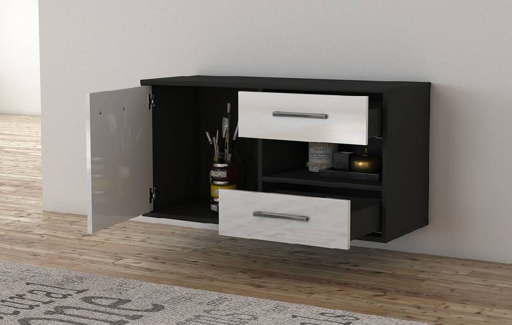 Stil Zeit Möbel Lowboard Charlotte, Schwarz, hängend mit Griffen (92x49x35cm) Clearance-Verkauf