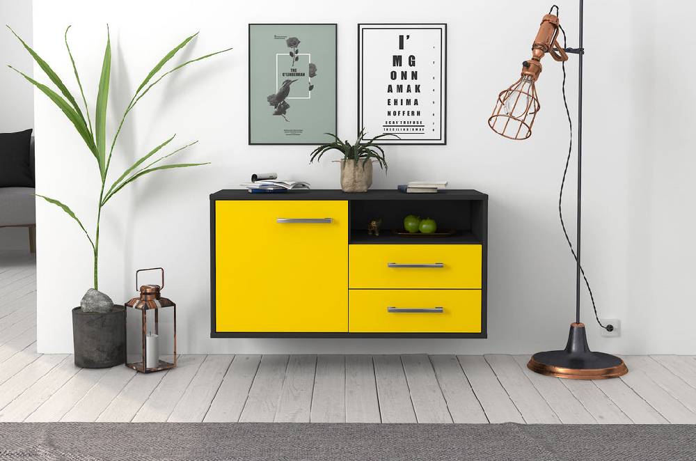 Stil Zeit Möbel Lowboard Memphis, Gelb, hängend mit Griffen (92x49x35cm) Online