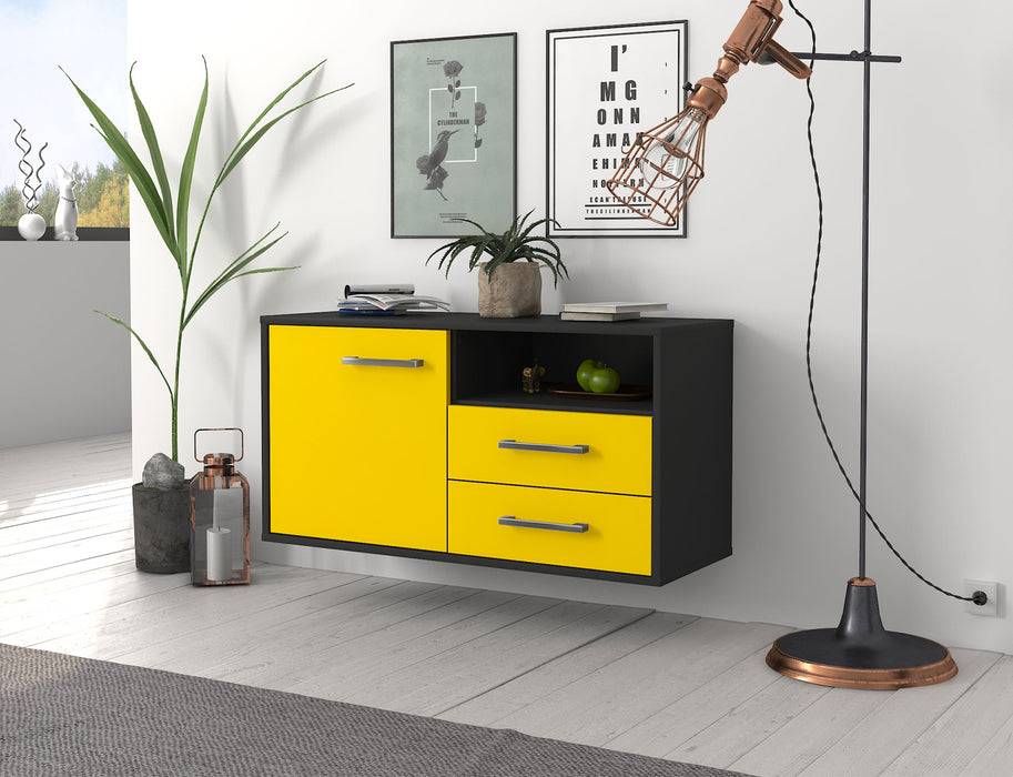 Stil Zeit Möbel Lowboard Memphis, Gelb, hängend mit Griffen (92x49x35cm) Online