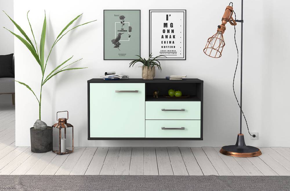 Stil Zeit Möbel Lowboard Memphis, Mint, hängend mit Griffen (92x49x35cm) Outlet