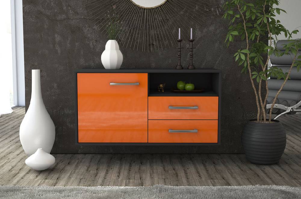 Stil Zeit Möbel Lowboard Memphis, Orange, hängend mit Griffen (92x49x35cm) im Angebot