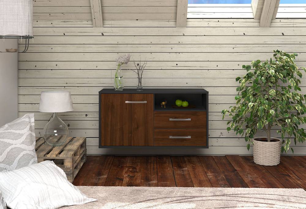 Stil Zeit Möbel Lowboard Memphis, Walnuss, hängend mit Griffen (92x49x35cm) Meist gekauft