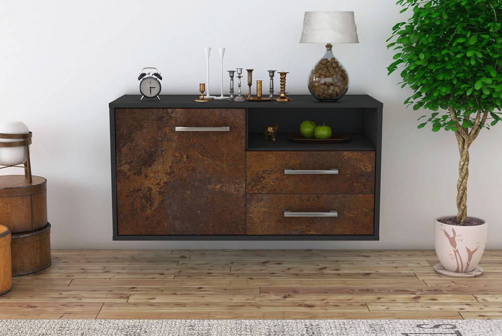 Stil Zeit Möbel Lowboard Memphis, Rost, hängend mit Griffen (92x49x35cm) Fabrik Onlineshop