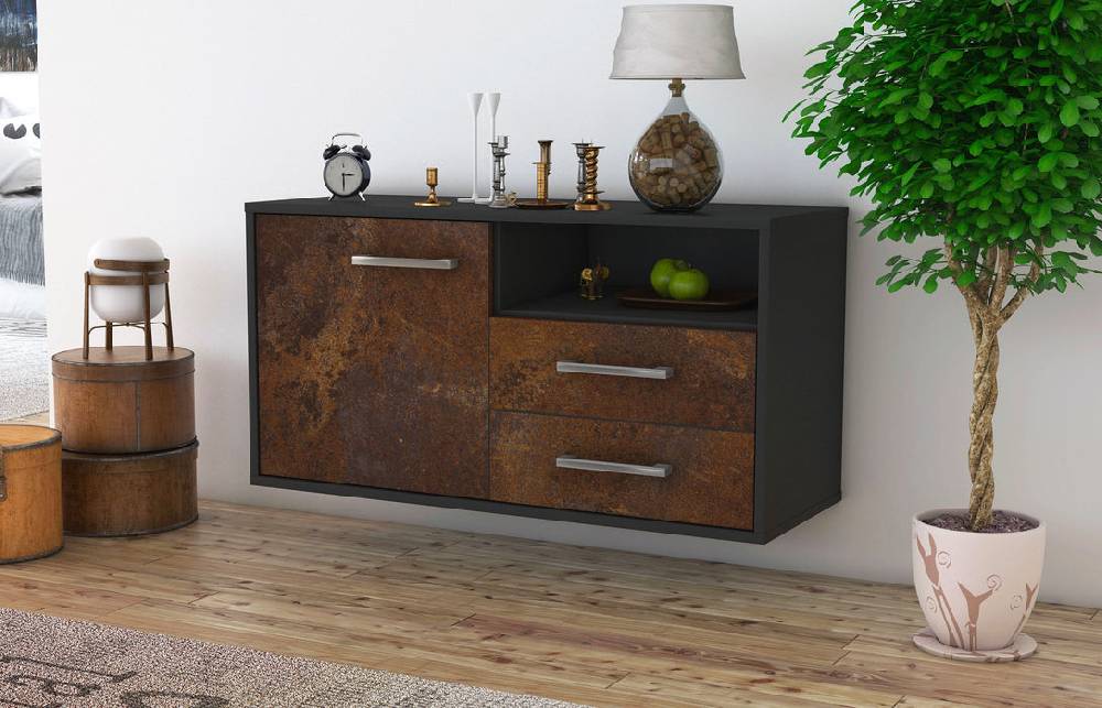 Stil Zeit Möbel Lowboard Memphis, Rost, hängend mit Griffen (92x49x35cm) Fabrik Onlineshop
