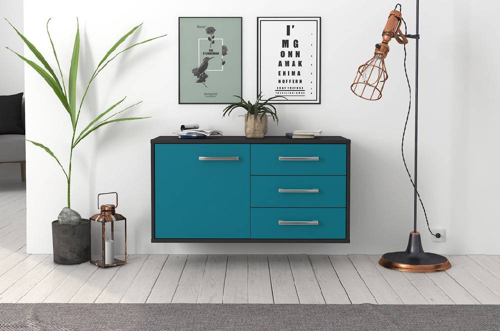 Stil Zeit Möbel Lowboard Fort Worth, Tuerkis, hängend mit Griffen (92x49x35cm) Fabrikpreis