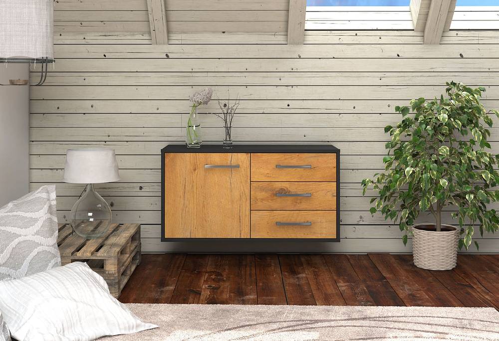 Stil Zeit Möbel Lowboard Fort Worth, Eiche, hängend mit Griffen (92x49x35cm) Cyber Monday