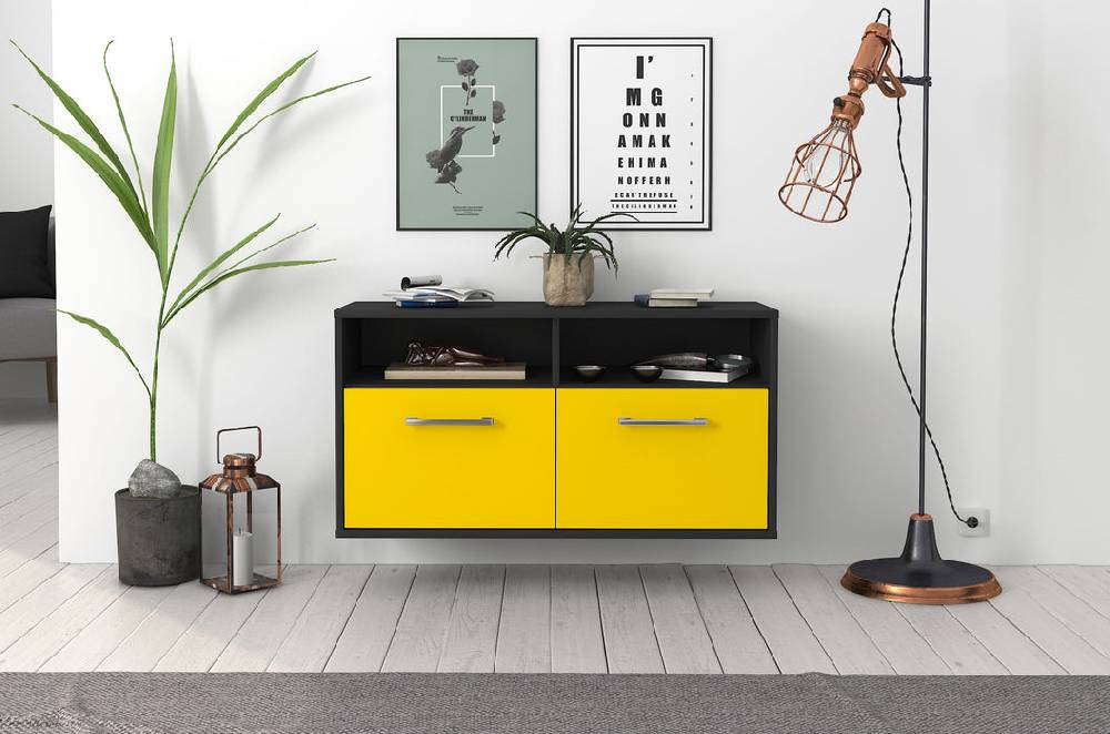 Stil Zeit Möbel Lowboard Columbus, Gelb, hängend mit Griffen (92x49x35cm) Sonderangebote